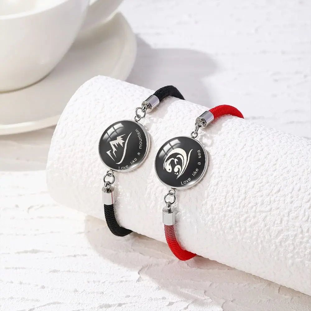 2Pcs Romantic Couple Bracelet Stainless Steel New Sun and Moon Lovers Charm Bracelet Glow in The Dark Adjustable Woven Bracelet