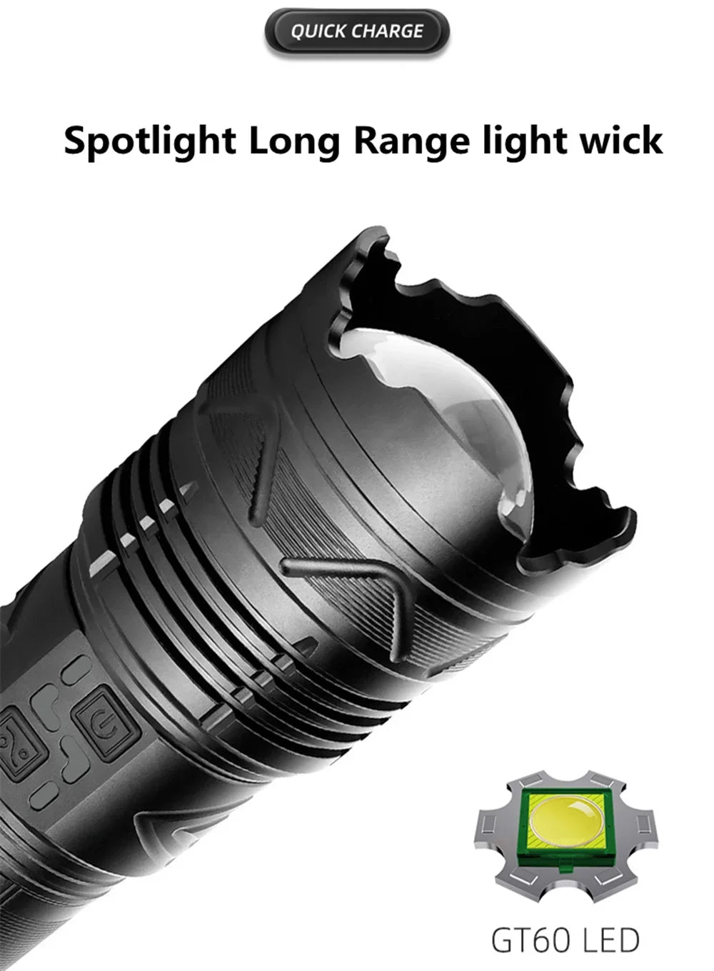 Powerful GT60 LED Flashlight Super Bright Long Range Torch Rechargeable Most Powerful Outdoor Tactical Hand Lamp Camping Lantern