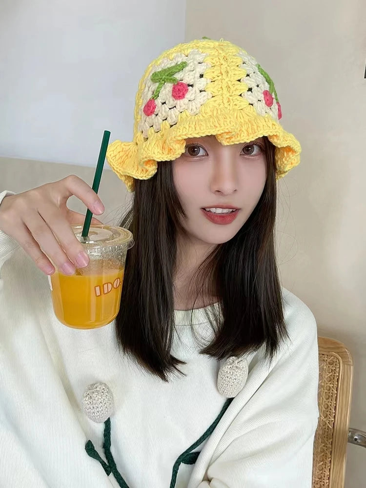 2022 New Korean-Japanese Hand Buckle Crochet Bucket Hat Spring and Autumn Winter Sun Hat Female Cherry Designer Bob Basin Hat