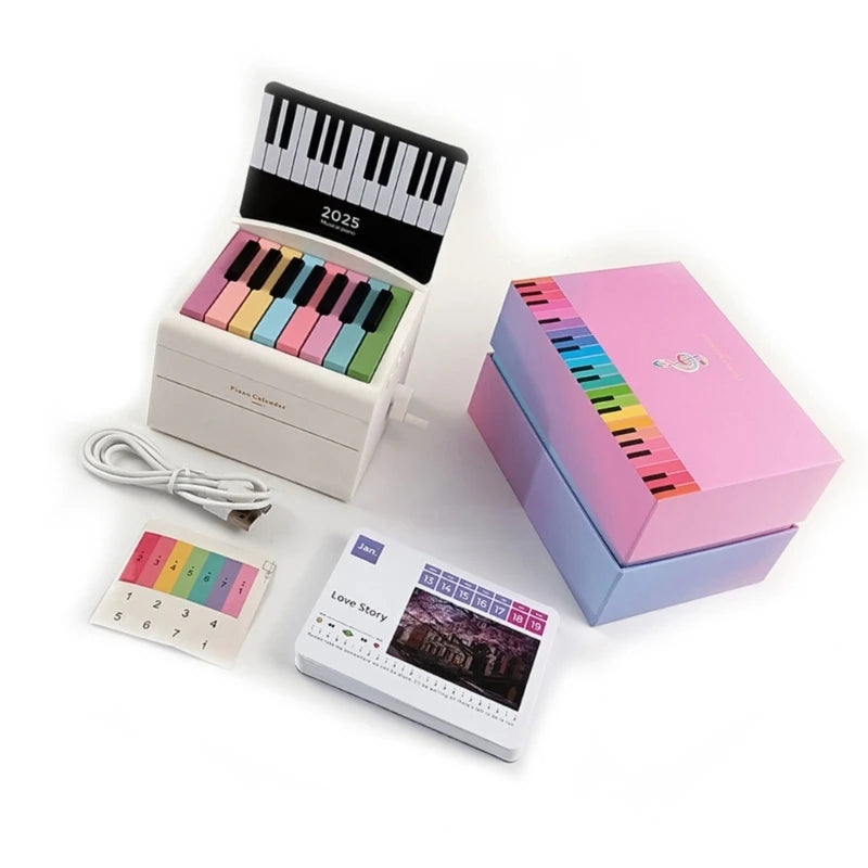 Calendario de escritorio con piano pequeño de 15 teclas para 2025 con letras de canciones y 28 tarjetas de textura plástica, adecuado para familiares y amigos