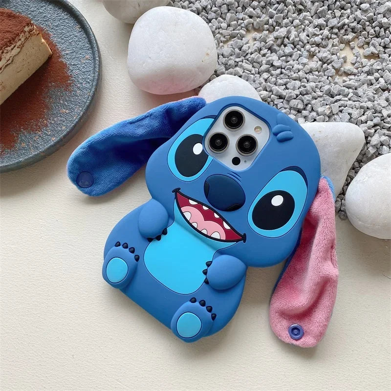 Stitch 3D Silicone Cartoon Phone Case for IPhone 14 13 12 11 15 Pro Max Fluffy Fur Plush Ear Sleeves Gift for Girls and Boys