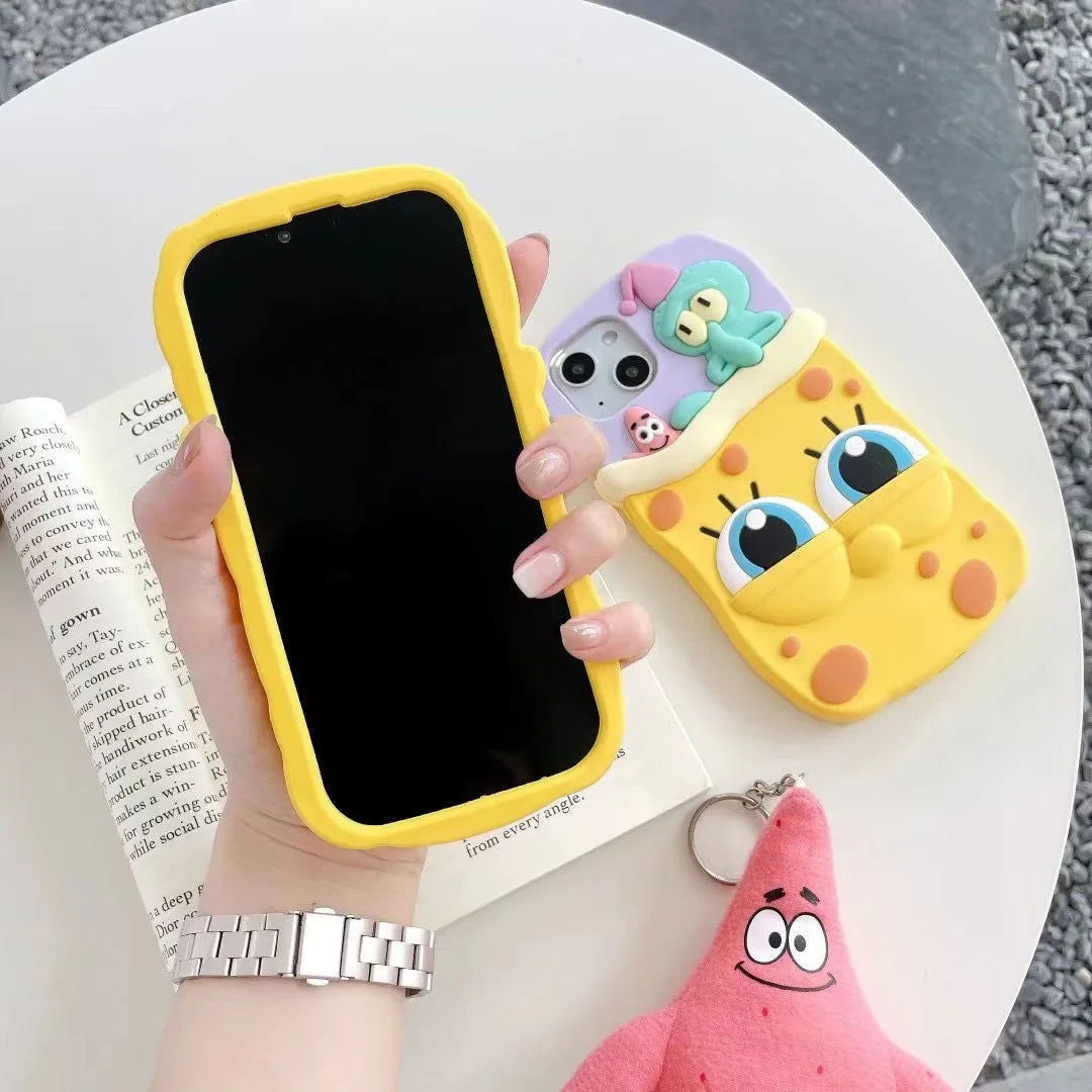 3D Cartoon Cute SpongeBobs SquarePants Patricks Stars Phone Case For IPhone 15 14 13 12 11 Pro Max Soft Silicone Back Cover Gift