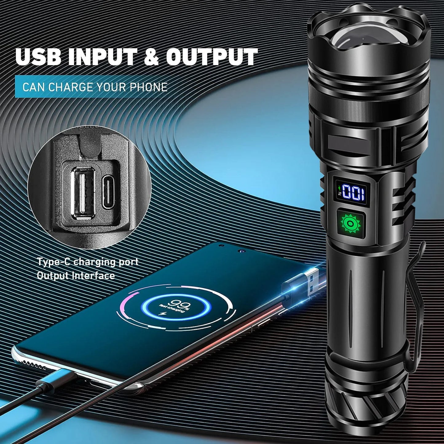 Linterna LED potente de 1000000 LM, recargable por USB, potente linterna táctica, luz de flash de alcance súper largo para pesca al aire libre