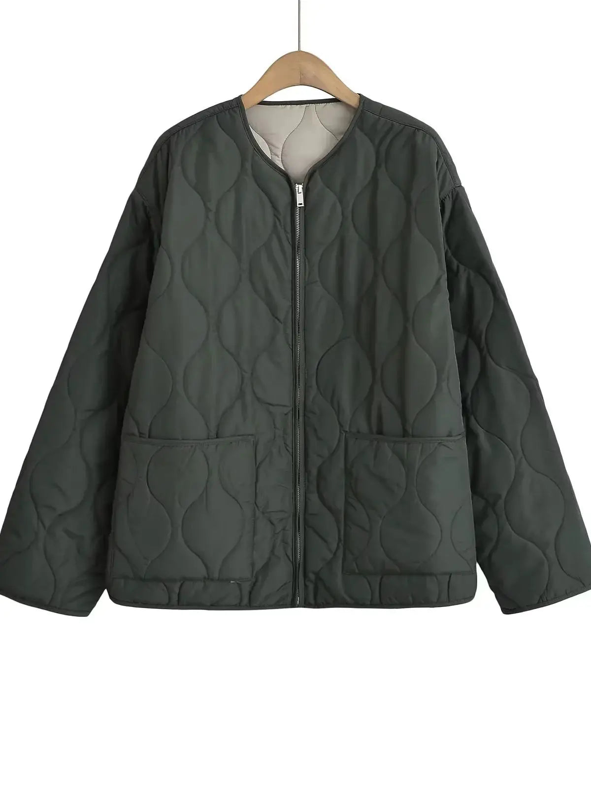 XNWMNZ 2024 Chaqueta acolchada de moda para mujer Otoño/Invierno Chaqueta acolchada retro con cuello redondo y manga larga con cremallera Abrigo acolchado versátil para mujer