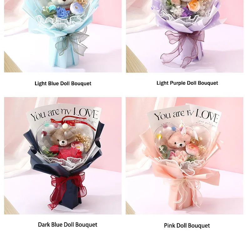 Artificial Rose Flower Bouquet Doll Bear Birthday Party Mother's Day Gift Wedding Bouquet Romantic Appointment Decor Accessories