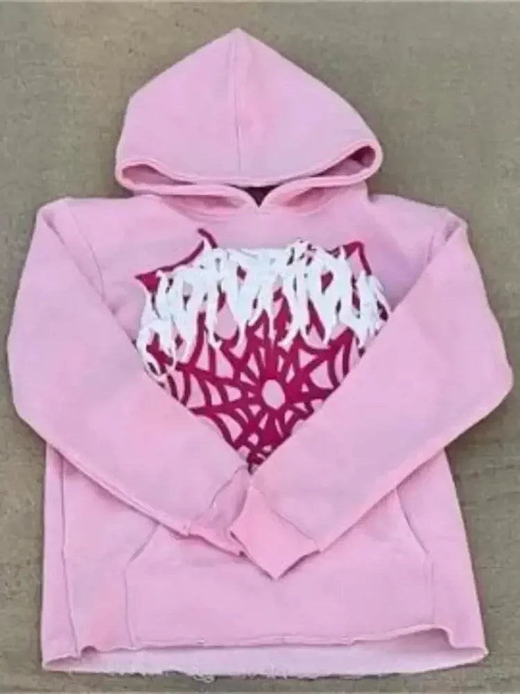 2024 American High Street Harajuku Spider web print Loose Hoodie Y2K Hip Hop Street Men Women's Casual Pullover Sweatpants goth
