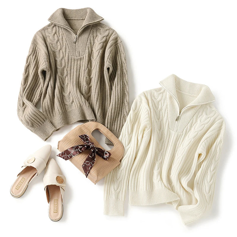 Thick Sweater Women High Quality100% Cashmere Warm Winter Long Sleeve Top Turn-down Collar Zipper Vintage Pullover
