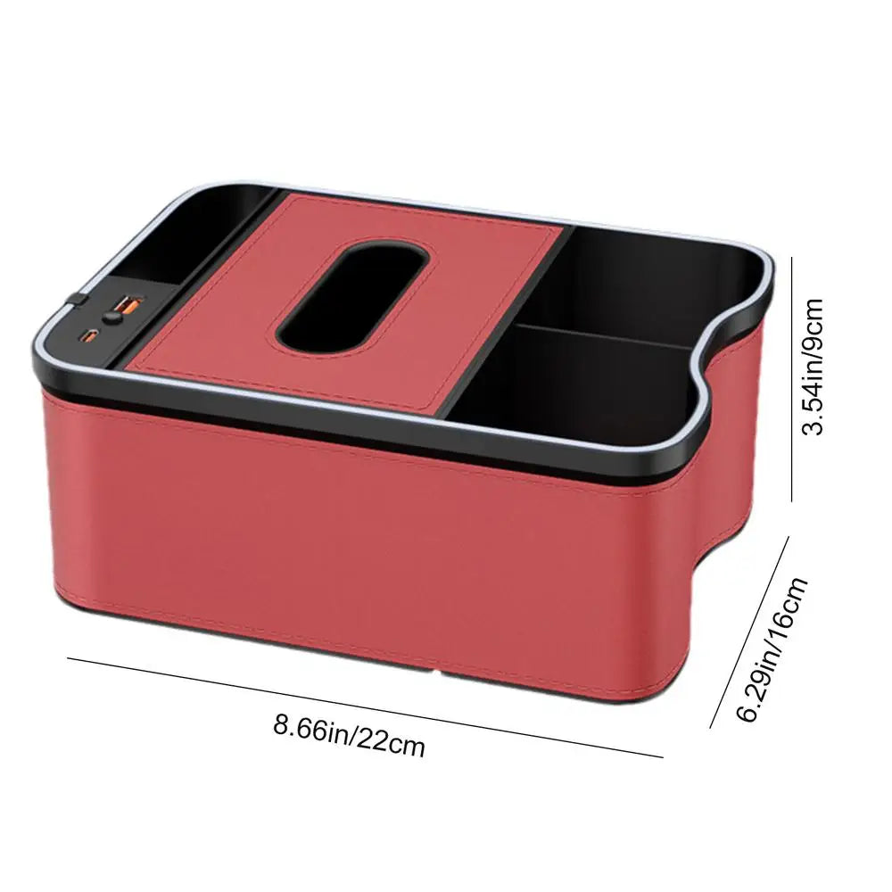 Boîte de rangement pour accoudoir de voiture avec porte-gobelet, boîte à mouchoirs, rechargeable par USB, boîte de rangement pour accoudoir de voiture avec lumière ambiante