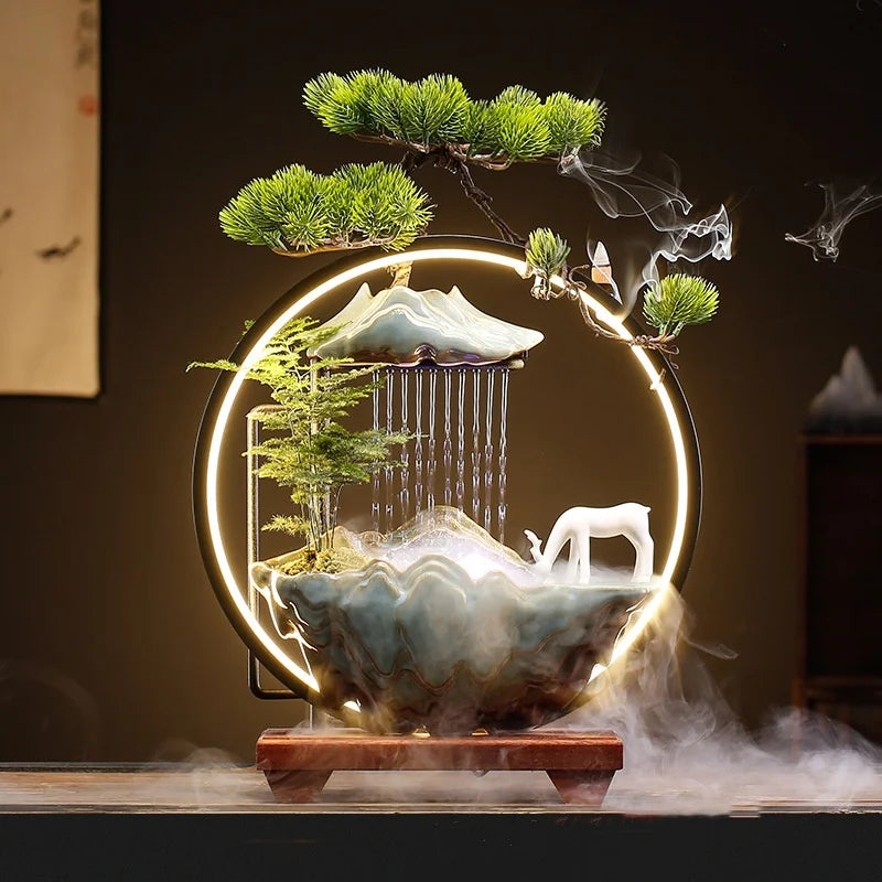 35cm Lucky Deer Fortune Fountain Chinese LED Lamp Ceramic Backflow Incense Burner Feng Shui Rockery Home Decor Ornament