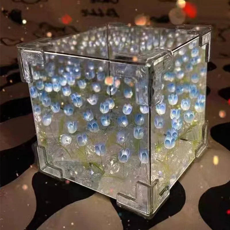 DIY Tulip Night Light Led Decorative Night Lamp Magic Cube Table Lamp and Mirror 2 in 1 for Birthday Gifts and Christmas Present