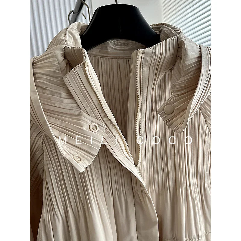 ALSEY Miyake Pleated Solid Collar Hooded Fashion Women's Jacket 2024 Autumn Winter New Long-sleeved Slim Lengthened Windbreaker