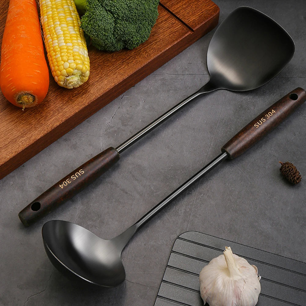304 Stainless Steel Wooden Spatula Cooking Utensils Home Cooking Accessories Slotted Spoon Metal Gadjets For Kitchen Essentials