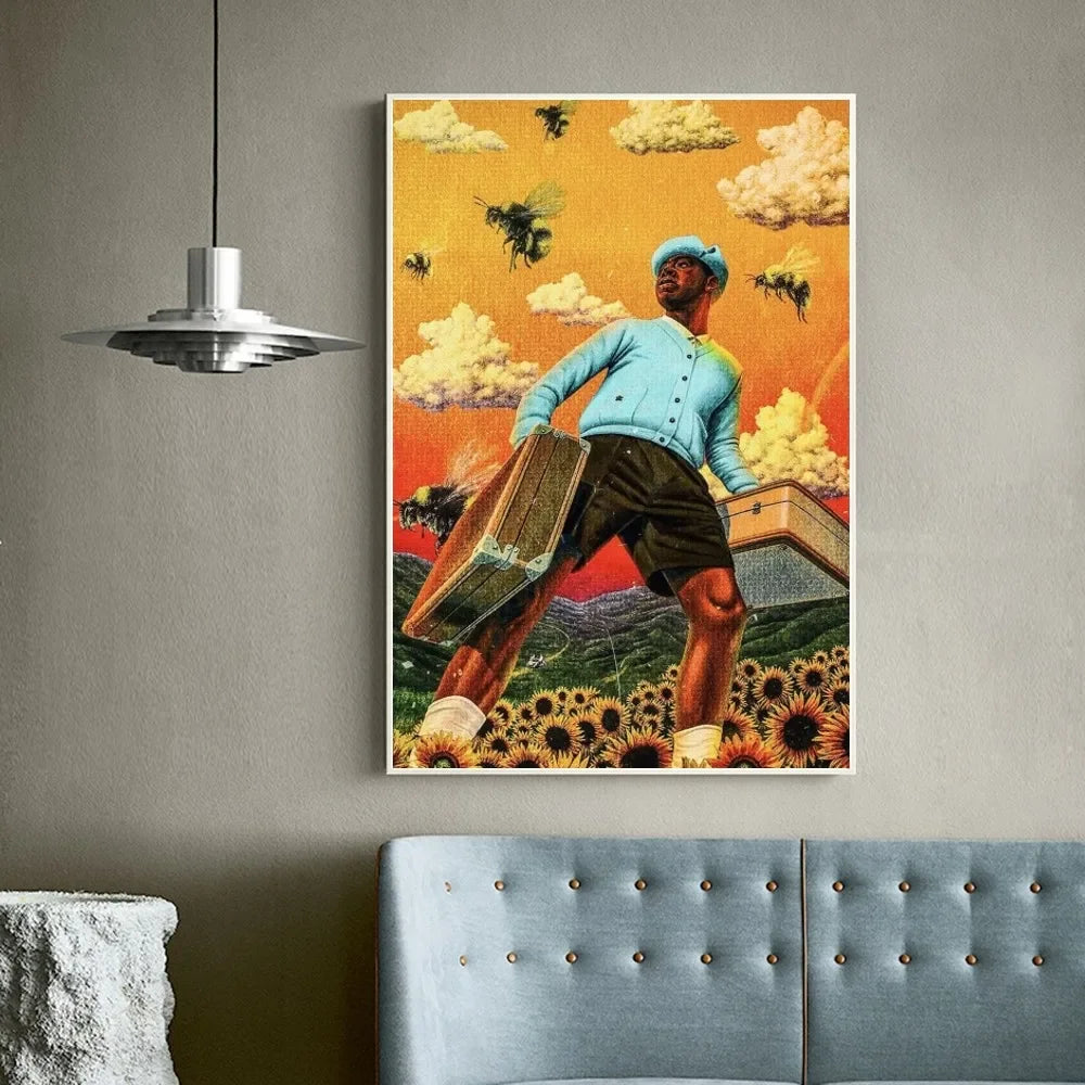 1 póster con impresión retro de Tyler The Creator, cantante y rapero, adhesivo HD resistente al agua para dormitorio, entrada, hogar, sala de estar, decoración de pared
