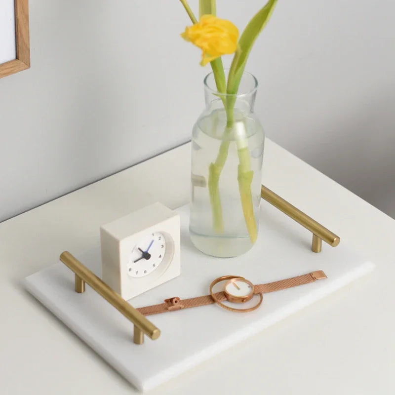 Nordic Home Decor Light Luxury Natural Marble Jewelry Storage Tray with Gold Handle Trinket Ring Plate Wedding Gift