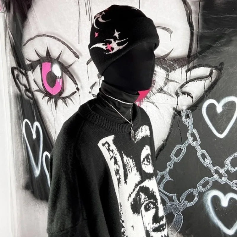 Gorro de punto de lana acrílica con patrón gótico Y2K para mujer, gorro de jacquard a prueba de viento, cálido, estilo hip hop, grunge, informal, para exteriores