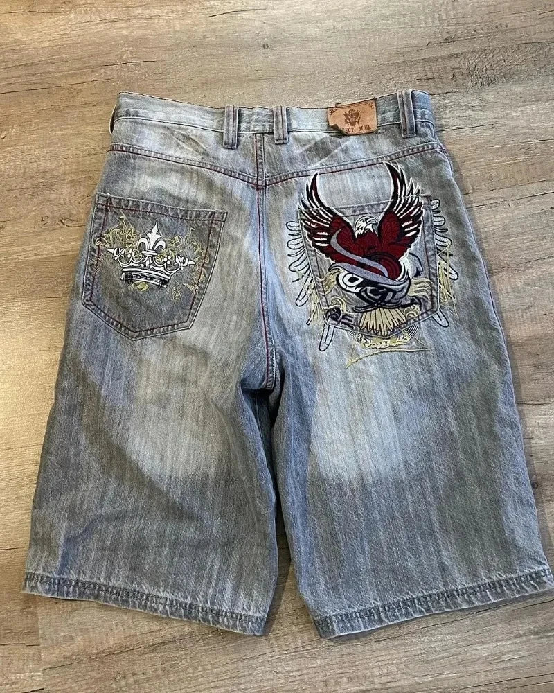2024 American New Fashion Embroidered Denim Shorts With Oversized Geometric Patterns Women Y2K Harajuku Hip Hop Shorts