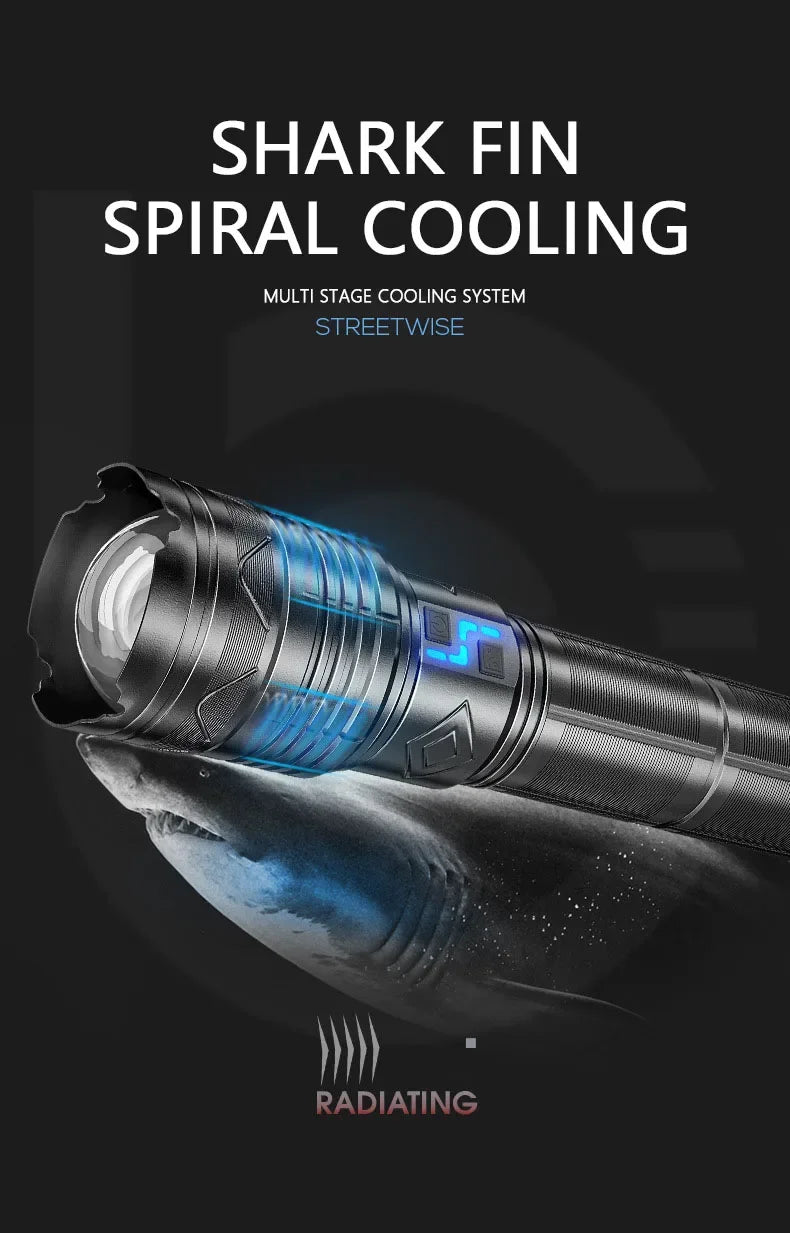 Linterna LED potente GT60 de 100 W, linterna táctica de largo alcance con pantalla de potencia, linterna con zoom recargable por USB para acampar al aire libre