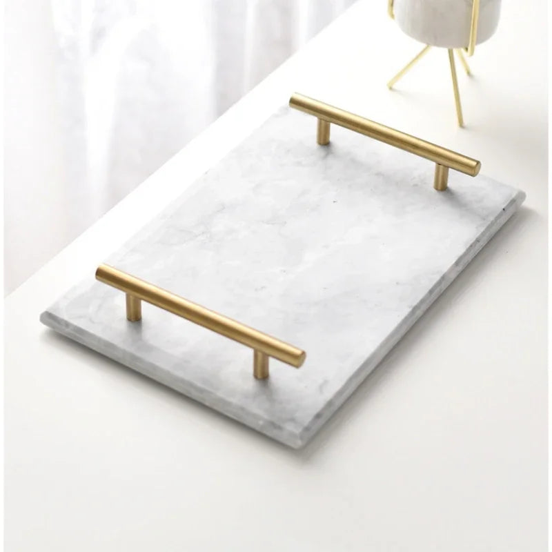 Nordic Home Decor Light Luxury Natural Marble Jewelry Storage Tray with Gold Handle Trinket Ring Plate Wedding Gift