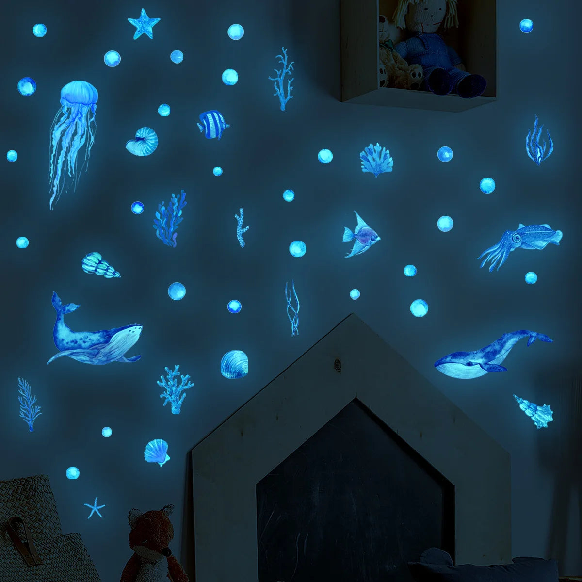 1 juego de pegatinas de pared luminosas de animales marinos azules autoadhesivas a prueba de fecha y desmontables para decoración de habitación de niños