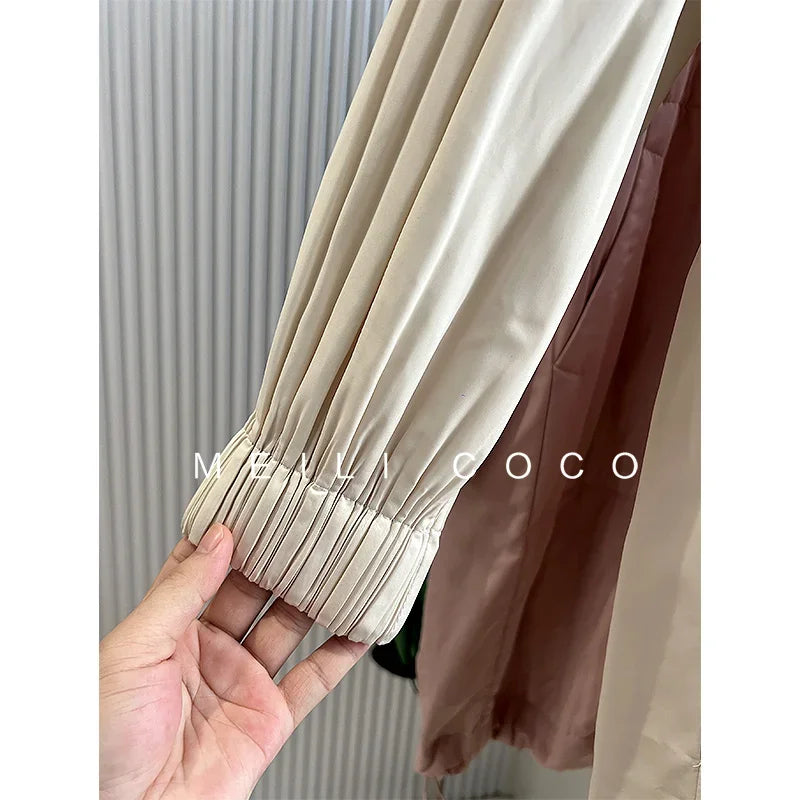 ALSEY Miyake Pleated Solid Collar Hooded Fashion Women's Jacket 2024 Autumn Winter New Long-sleeved Slim Lengthened Windbreaker