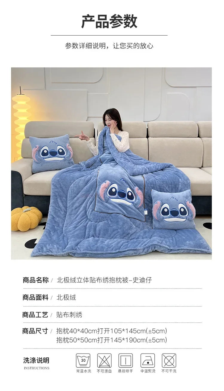 Stitch Disney Throw Pillow Blankets Two In One Kawaii Flannel Pillow Thickened Nap Blanket Living Room Cute Decoration Bedroom