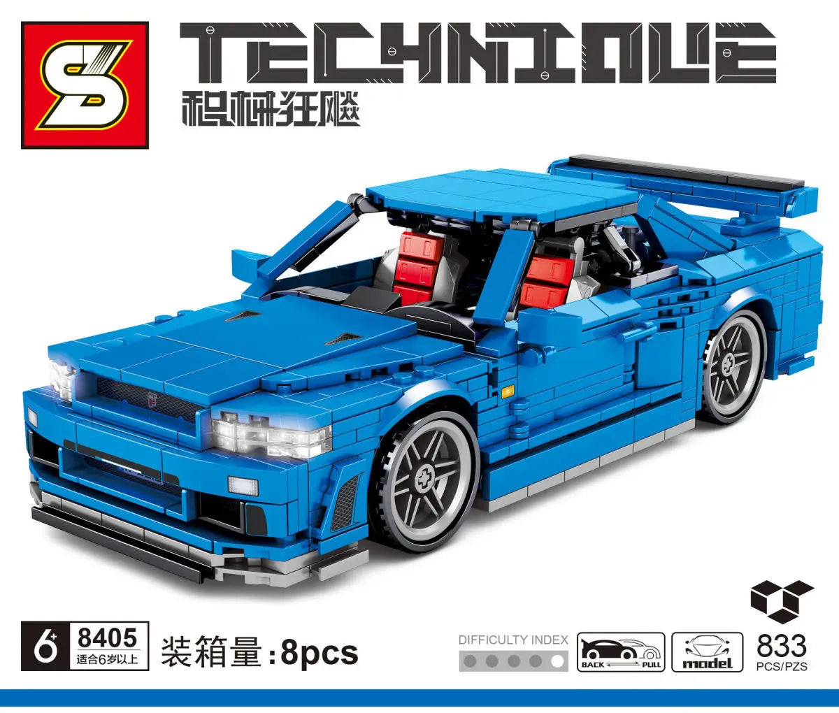 Technical building block bricks japan sport car nissans GTR R34 JDM retro model pull back vehicel toys collection for boys gifts