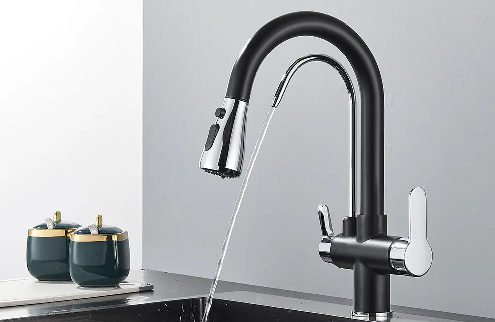 Grifo de cocina con filtro negro extraíble con rotación de 360 grados y grifo mezclador de fregadero de tres vías