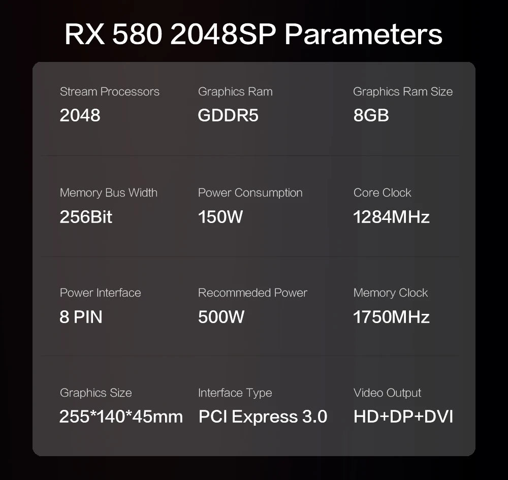 USED MLLSE AMD RX 580 8GB 2048SP Gaming Graphics Card GDDR5 256Bit PCI-E 3.0 ×16 8Pin Radeon GPU Rx 580 Video Card Placa Video