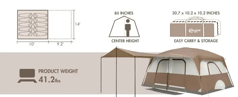 Tienda de campaña para 10 personas con porche, gran tienda de campaña familiar con 2 habitaciones, cortina dividida, para acampar al aire libre, viajar, resistente al agua