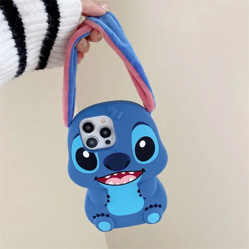 Stitch 3D Silicone Cartoon Phone Case for IPhone 14 13 12 11 15 Pro Max Fluffy Fur Plush Ear Sleeves Gift for Girls and Boys