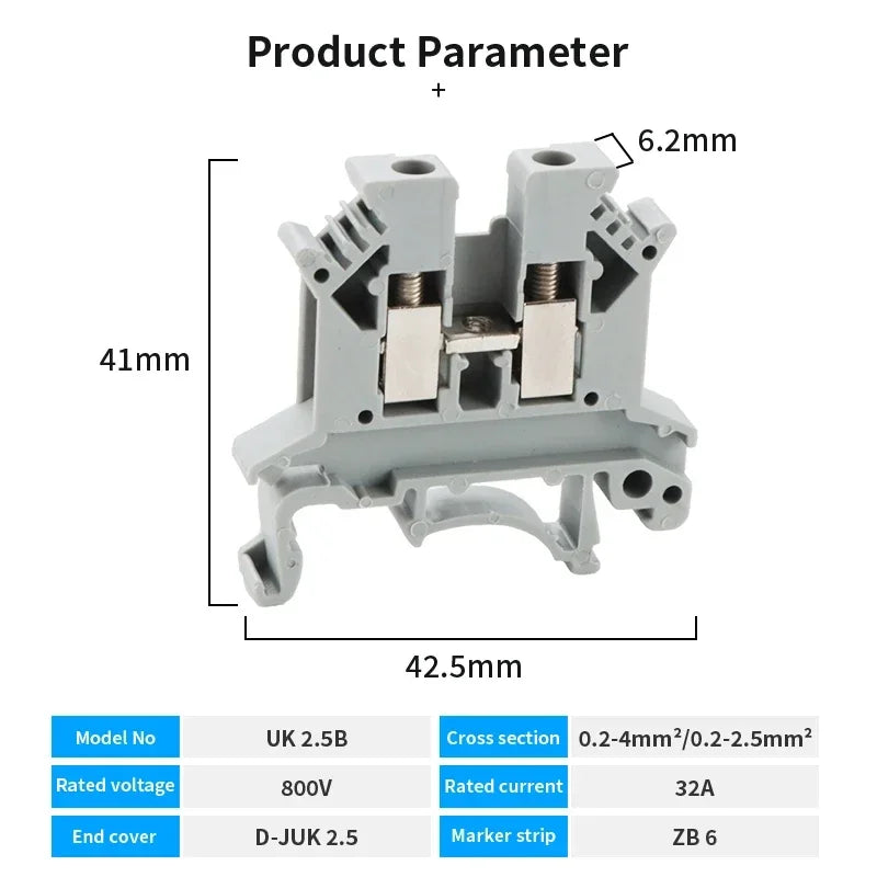 10 piezas Bloque de terminales de riel DIN UK-2.5B Cable Conductor eléctrico Conector universal Bloque de terminales de conexión por tornillo UK2.5B