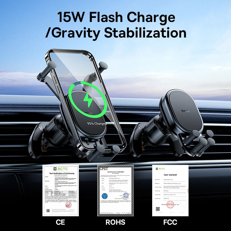 Soporte de teléfono para coche Baseus de 15 W, soporte de carga inalámbrica con ventilación de aire, soporte de teléfono por gravedad para iPhone 14, Samsung y Xiaomi