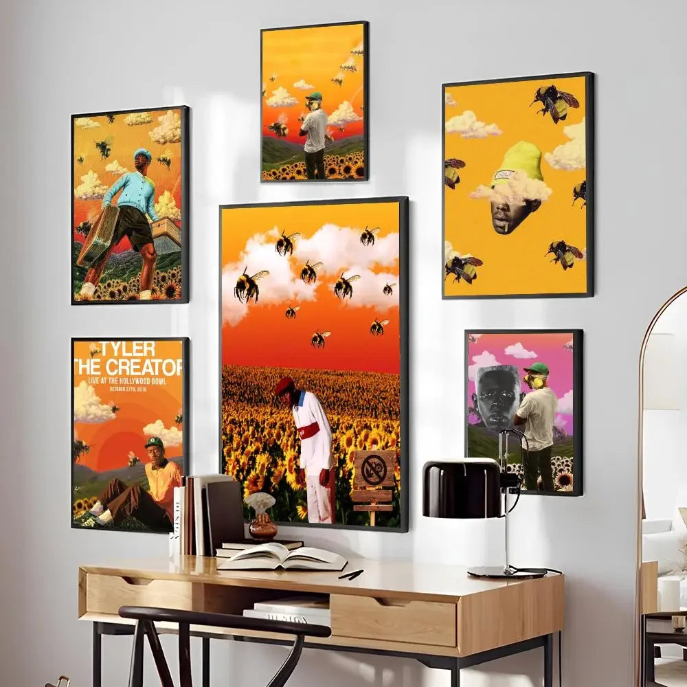 1 póster con impresión retro de Tyler The Creator, cantante y rapero, adhesivo HD resistente al agua para dormitorio, entrada, hogar, sala de estar, decoración de pared