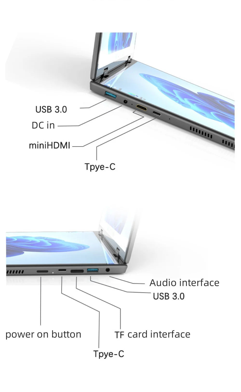 Computadora portátil con pantalla táctil dual de 14 pulgadas y 14 pulgadas, procesador Intel N95, computadora portátil para juegos, DDR4, 16 GB, 1 TB SSD