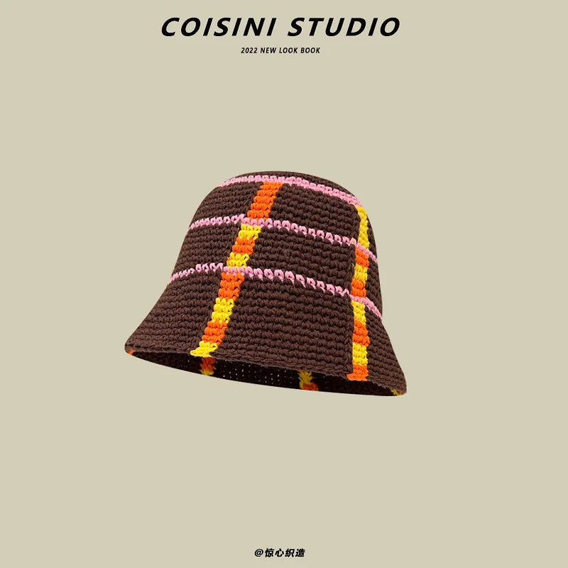 2022 New Korean-Japanese Hand Buckle Crochet Bucket Hat Spring and Autumn Winter Sun Hat Female Cherry Designer Bob Basin Hat