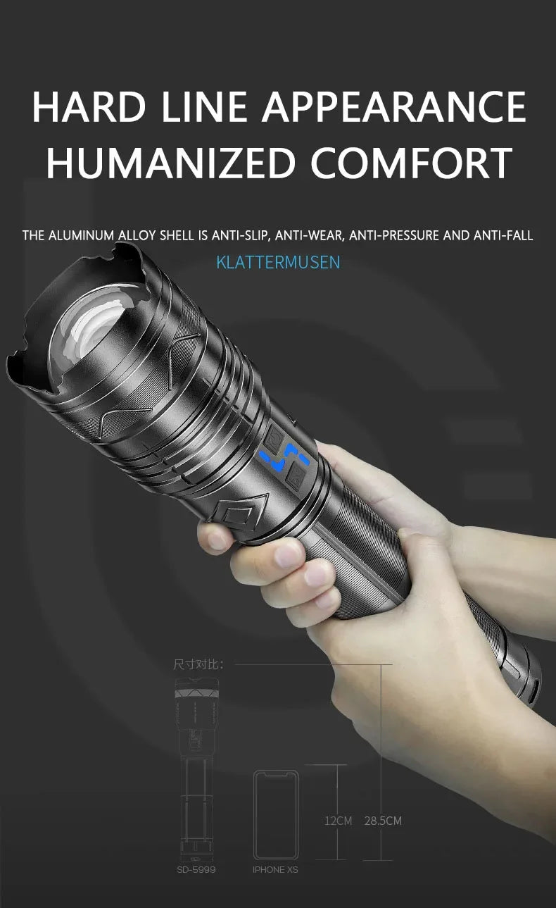 Linterna LED potente GT60 de 100 W, linterna táctica de largo alcance con pantalla de potencia, linterna con zoom recargable por USB para acampar al aire libre