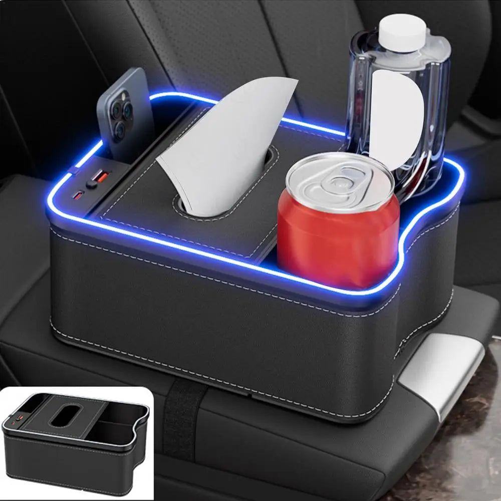 Boîte de rangement pour accoudoir de voiture avec porte-gobelet, boîte à mouchoirs, rechargeable par USB, boîte de rangement pour accoudoir de voiture avec lumière ambiante
