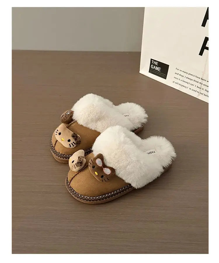 Pantuflas de invierno Sanrio Hello Kitty con bonitos dibujos animados, cálidas y cómodas, estilo Kawaii Y2k, antideslizantes, planas, para exteriores, para mujer