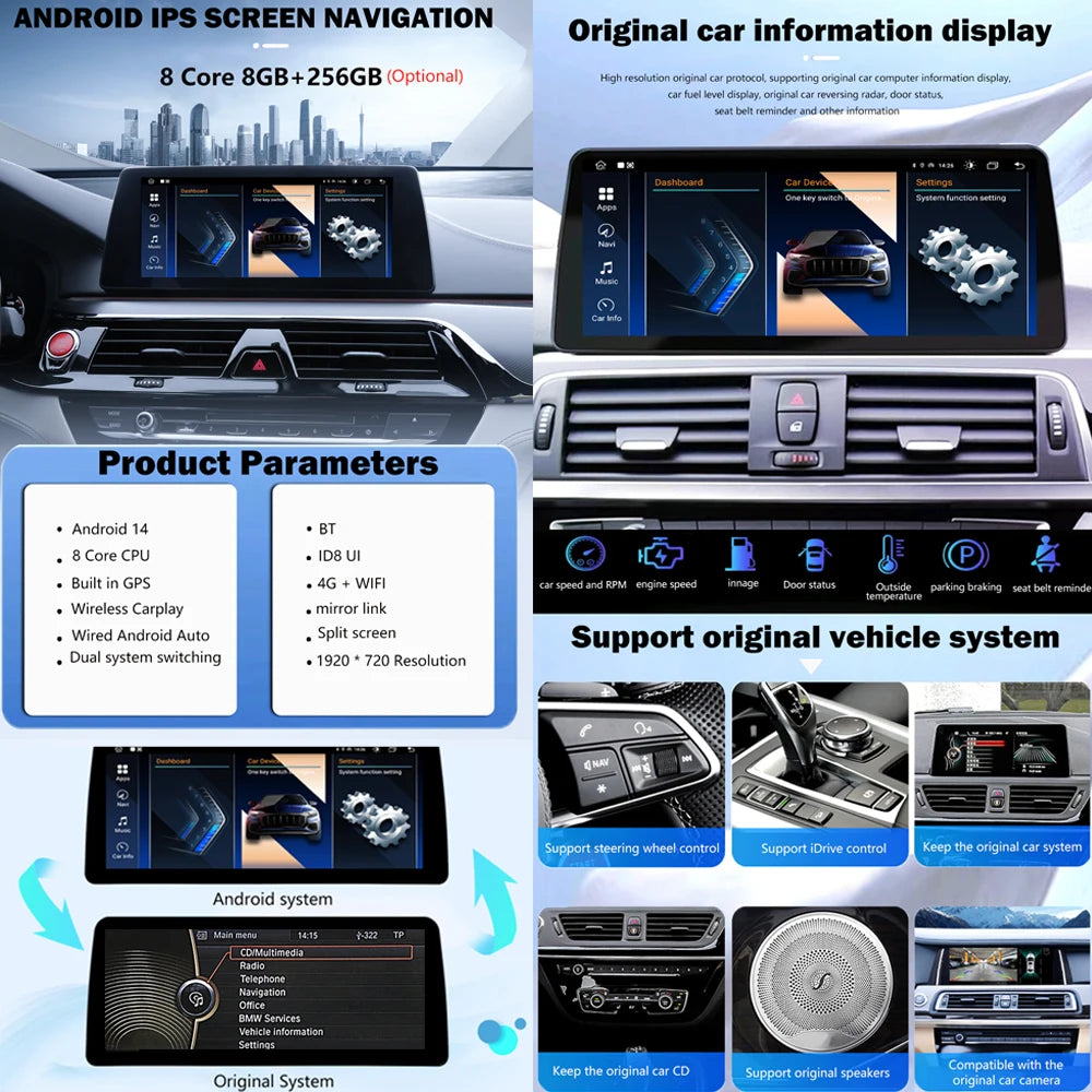 1920*720P Carplay 12,3 pouces Android 14 pour BMW Série 5 F10 F11 2010-2016 CIC NBT Système Auto Radio GPS Navigation Multimédia