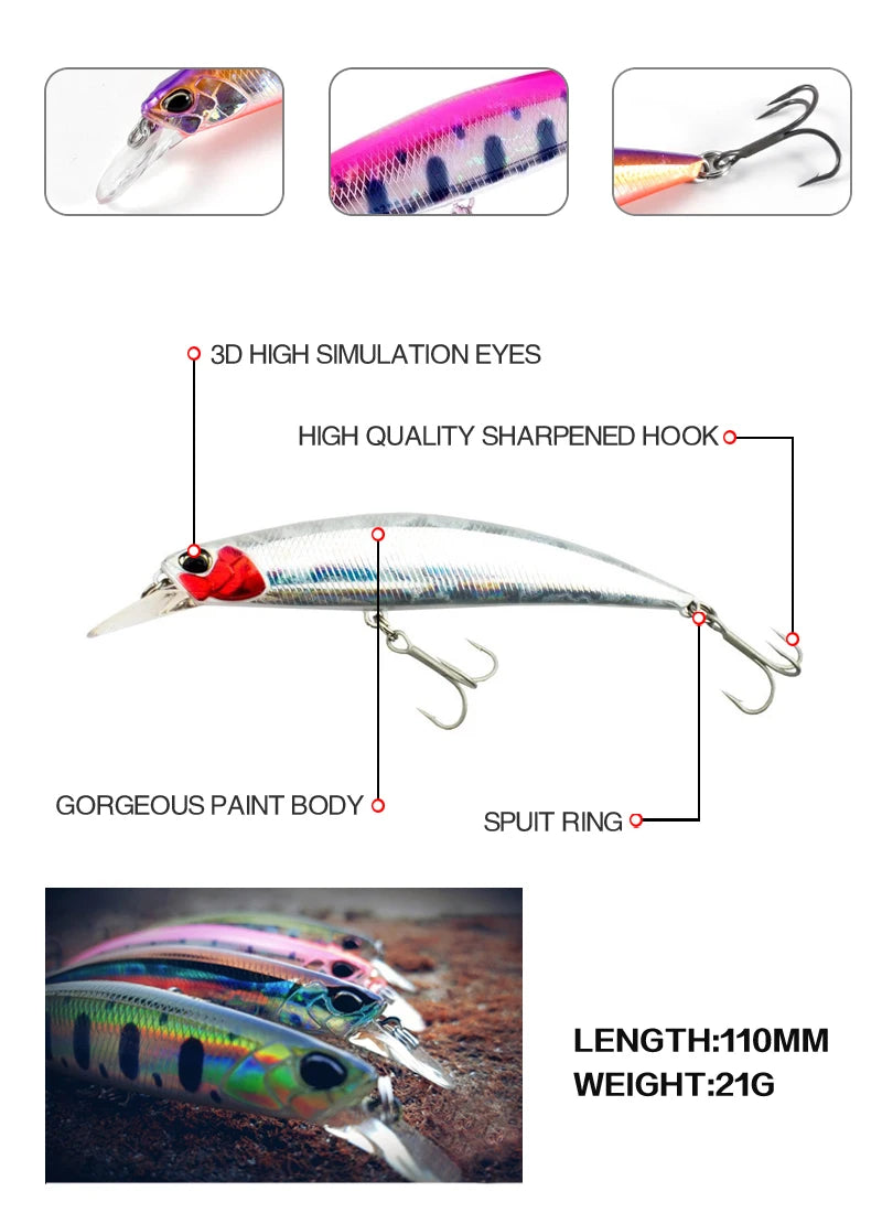 19g 110mm Sinking Minnow Fishing Lures Saltwater Artificial Hard Bait for Bass Pike Trout Swimbait Wobblers Fishing Accessories