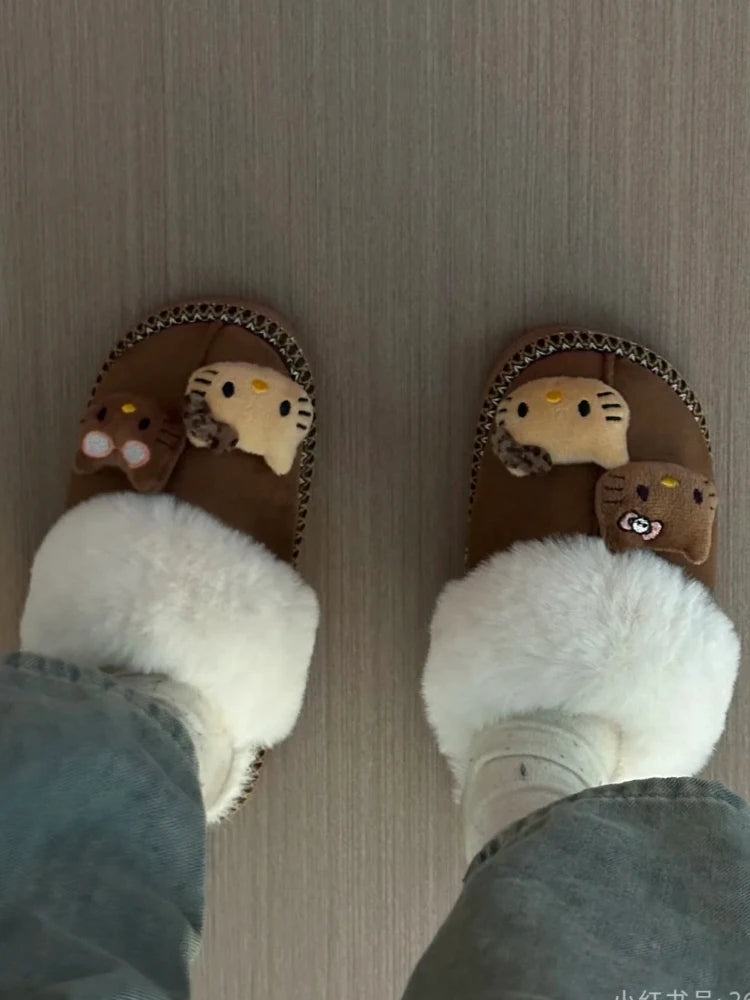 Pantuflas de invierno Sanrio Hello Kitty con bonitos dibujos animados, cálidas y cómodas, estilo Kawaii Y2k, antideslizantes, planas, para exteriores, para mujer