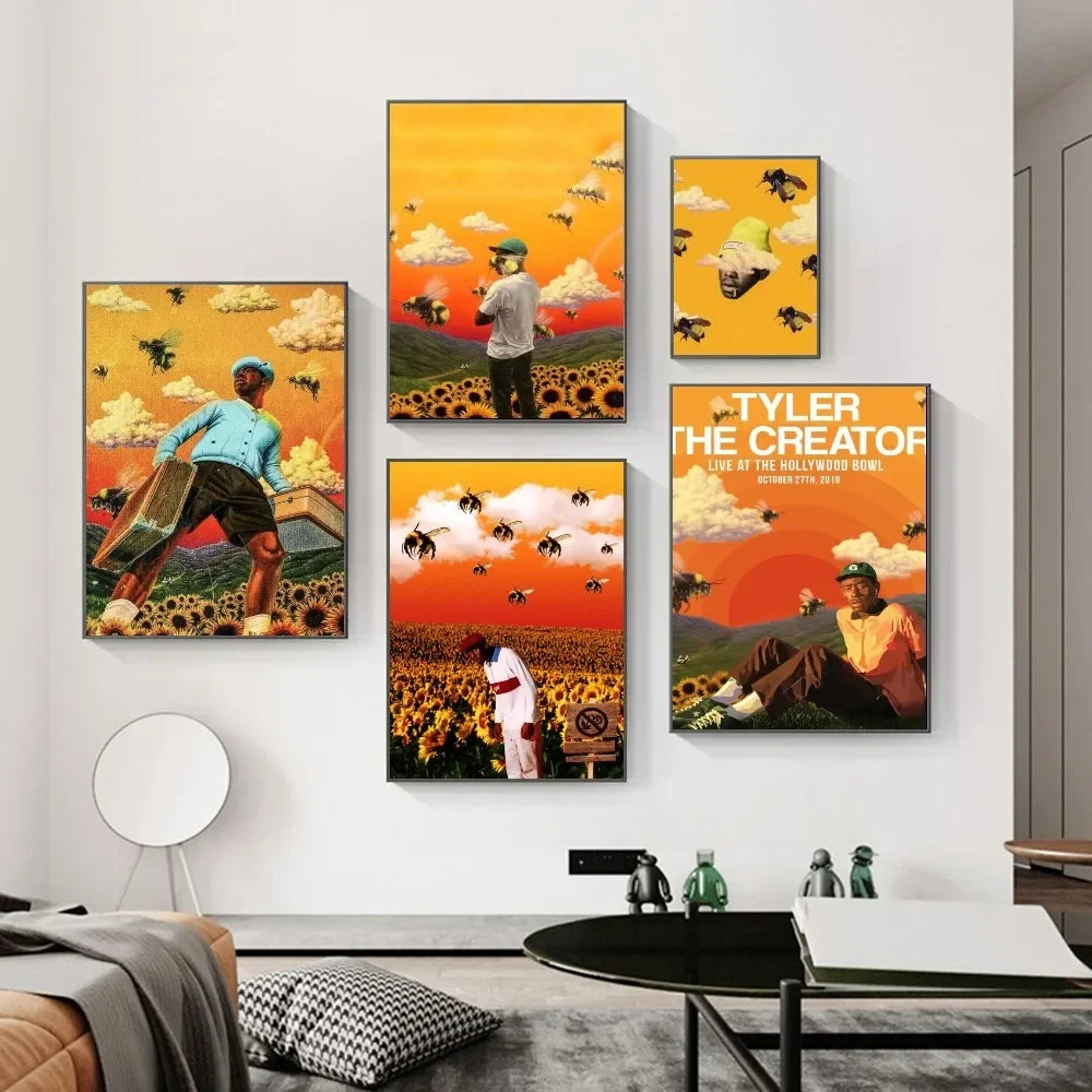 1 póster con impresión retro de Tyler The Creator, cantante y rapero, adhesivo HD resistente al agua para dormitorio, entrada, hogar, sala de estar, decoración de pared