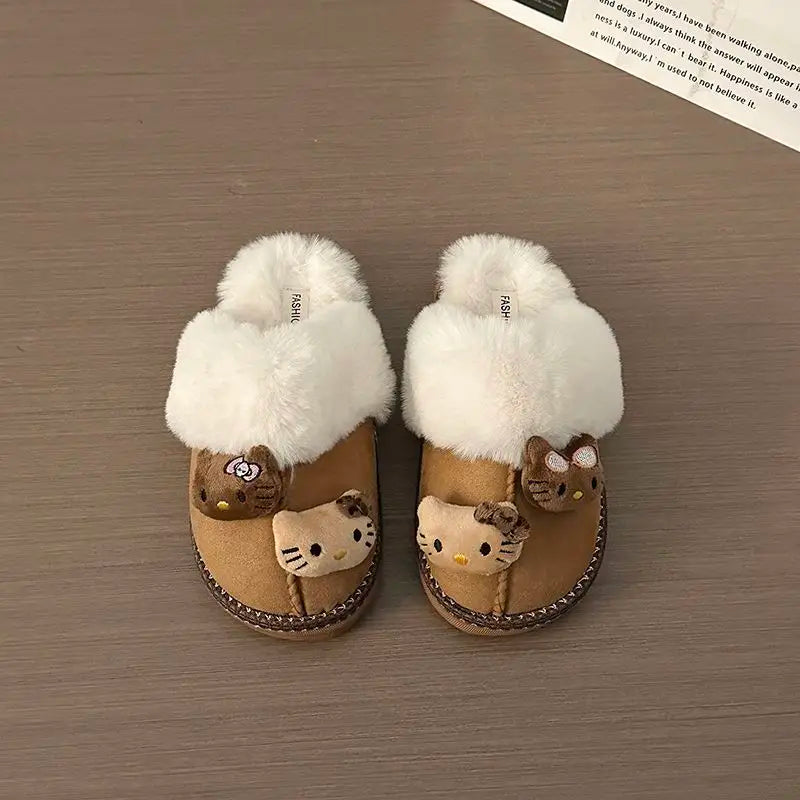 Pantuflas de invierno Sanrio Hello Kitty con bonitos dibujos animados, cálidas y cómodas, estilo Kawaii Y2k, antideslizantes, planas, para exteriores, para mujer