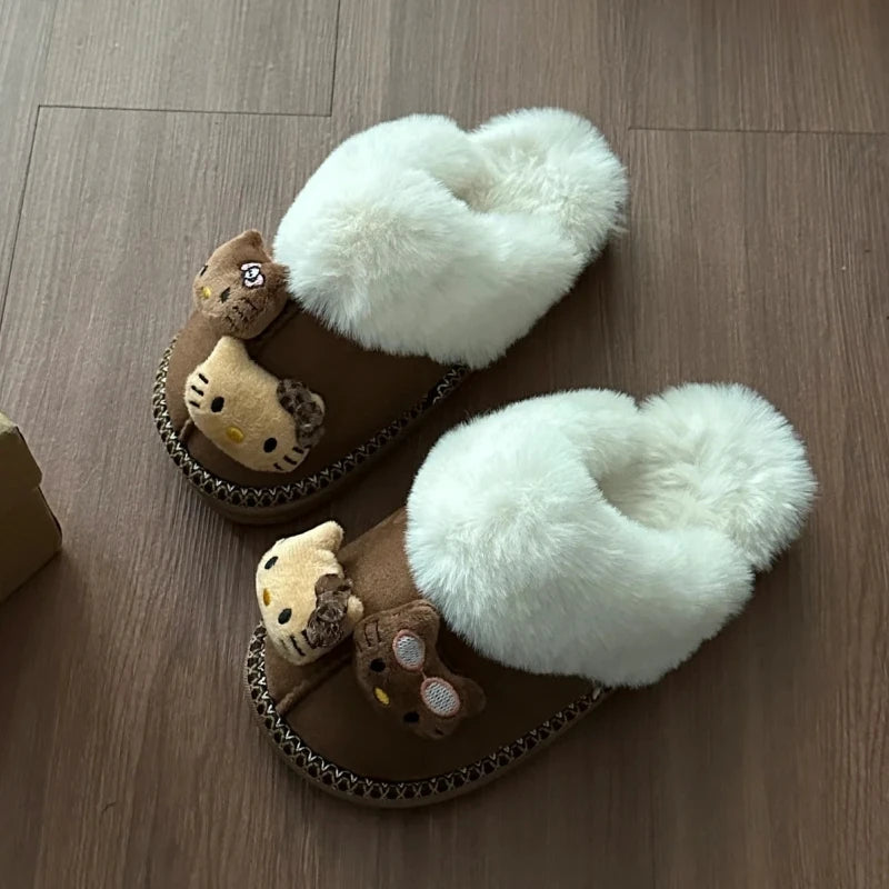 Pantuflas de invierno Sanrio Hello Kitty con bonitos dibujos animados, cálidas y cómodas, estilo Kawaii Y2k, antideslizantes, planas, para exteriores, para mujer