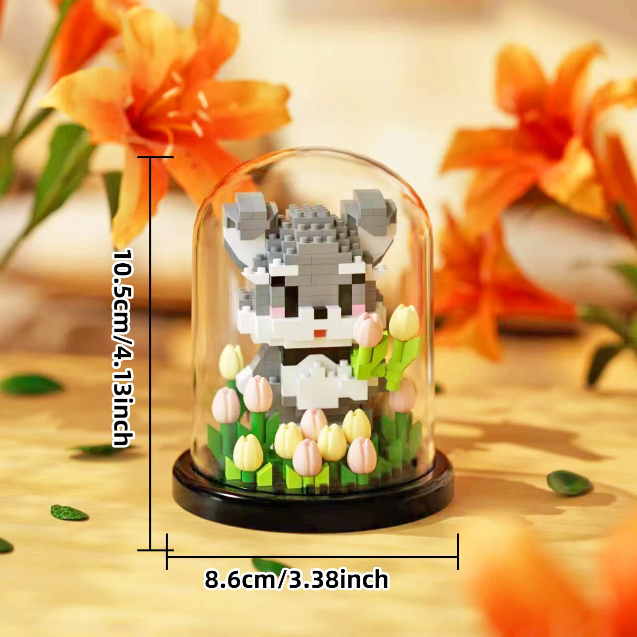 Animal potted plant assembly block with dust cover, sunflower rose flower block, puppy eternal flower assembly ornament toy