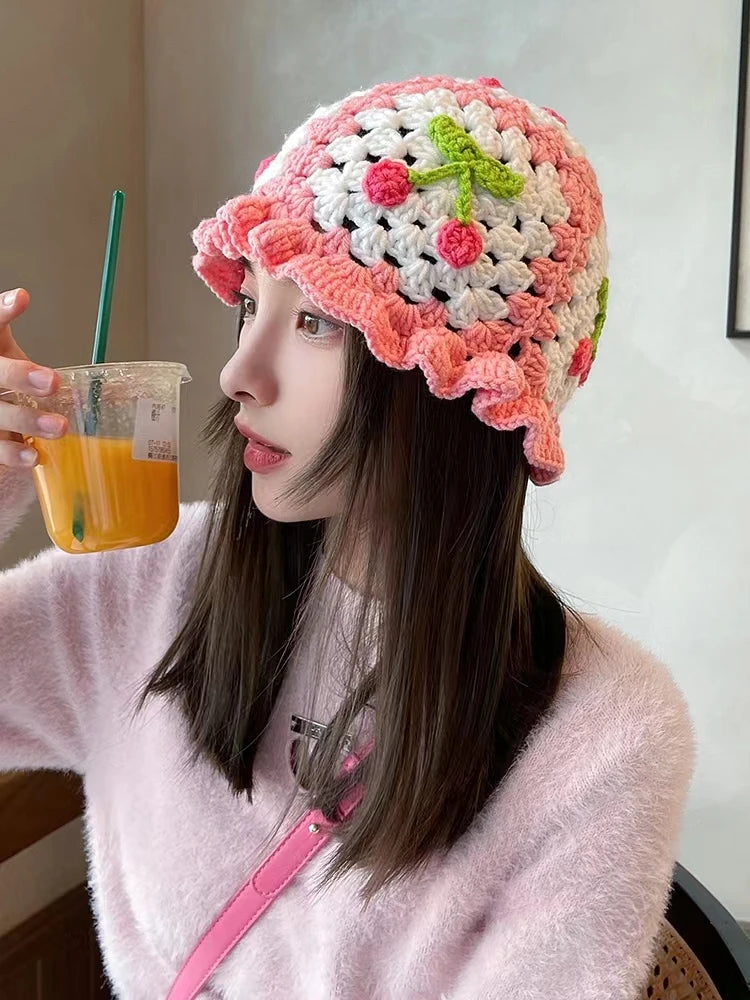 2022 New Korean-Japanese Hand Buckle Crochet Bucket Hat Spring and Autumn Winter Sun Hat Female Cherry Designer Bob Basin Hat