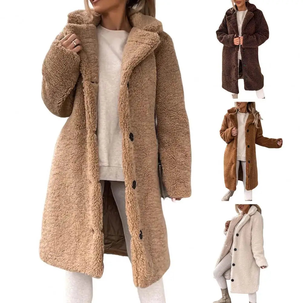 Trendy Women Overcoat Autumn Winter Women Trench Coat Long Style Pure Color Single-breasted Teddy Jacket Windproof