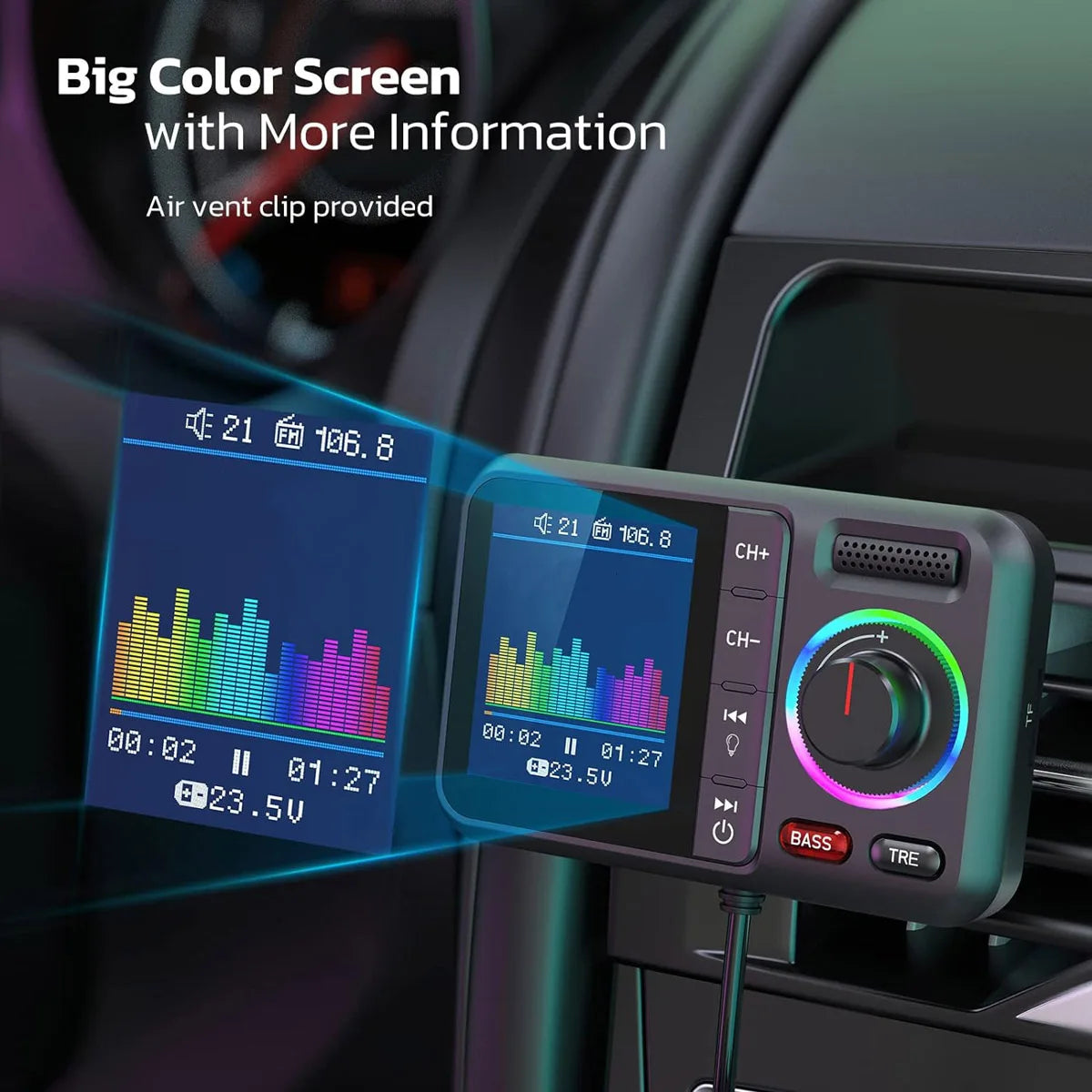Transmisor FM inalámbrico con pantalla grande a color, 2,4 A, QC3.0, carga rápida USB dual, llamadas manos libres, adaptador auxiliar para automóvil, reproductor de música MP3