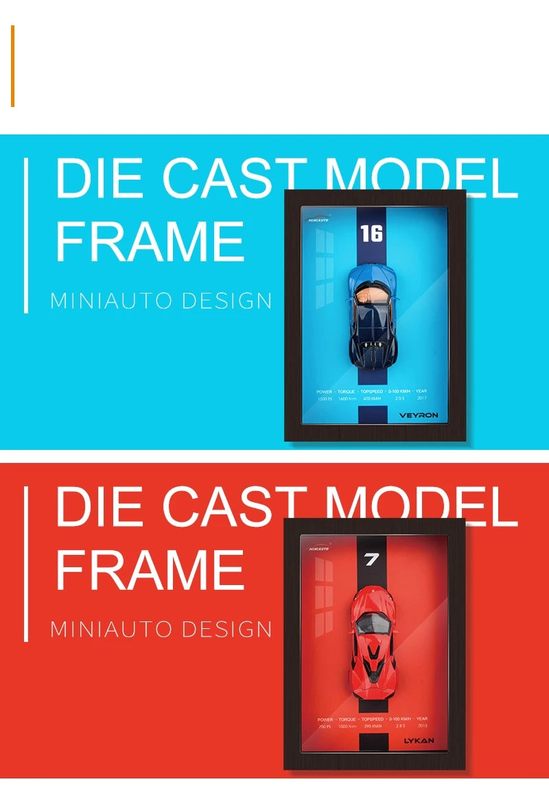 3D Wooden Photo Frame With 1/32 Diecast Metal Miniature Toy Car, 12 Inches Wall Decoration Suitable for Modern Style Living Room