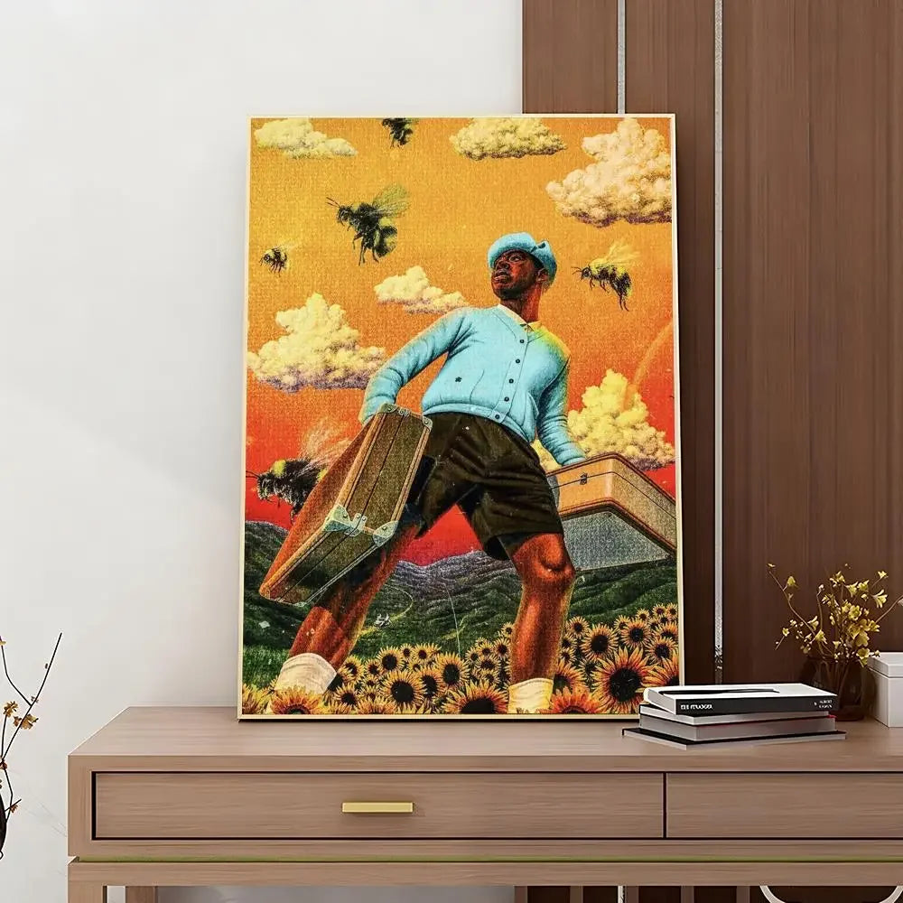 1 póster con impresión retro de Tyler The Creator, cantante y rapero, adhesivo HD resistente al agua para dormitorio, entrada, hogar, sala de estar, decoración de pared